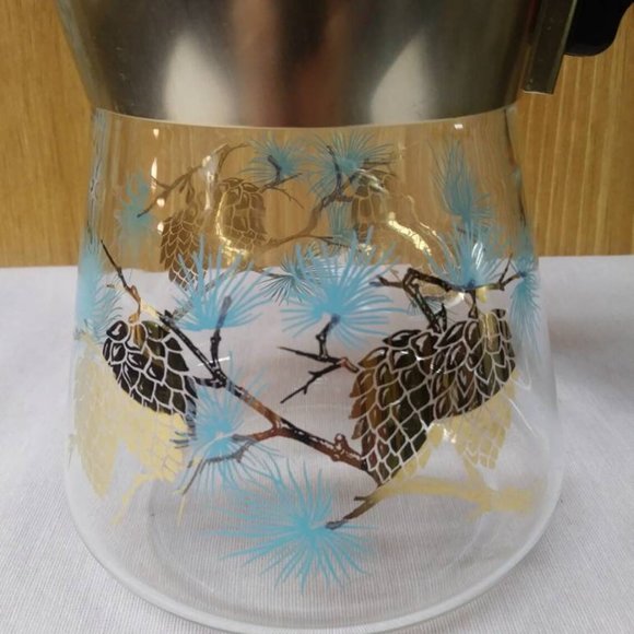 Libbey Percolator Pinecone by David Douglas, Aqua and Gold Libbey Coffee Pot - Picture 4 of 7